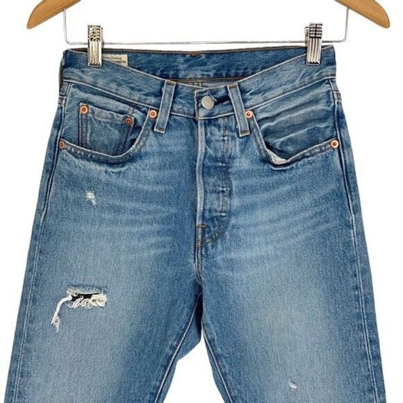 Levi's 501 Womens High Rise‎ Button Fly Distressed Skinny Denim Jeans Blue Sz 24 - Picture 4 of 14